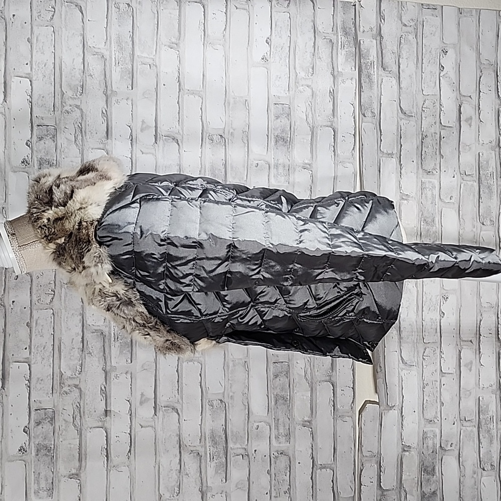 Bebe Rabbit Fur Trimmed Silver Puffer Jacket Coat - Picture 3 of 13